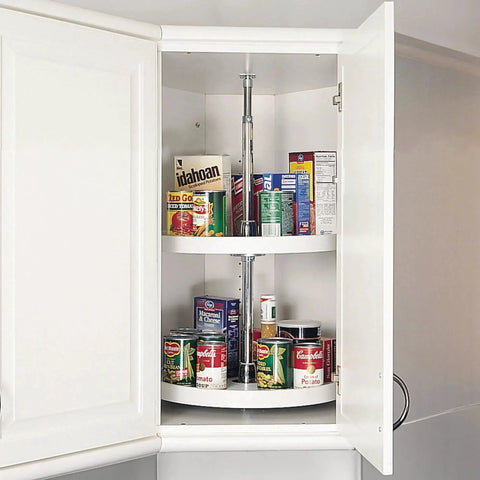 Dual 18 Inch Full Circle Lazy Susan Organizer For Upper Corner Kitchen Cabinets White Plastic 2 Tier Turntable Shelves