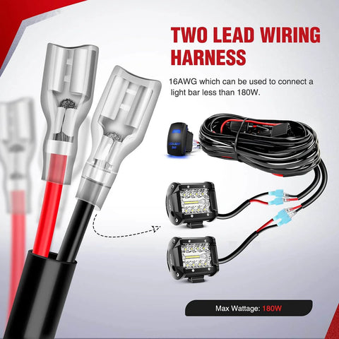 Dual Output LED Light Bar Wiring Harness Kit For 12V Systems with connectors, power relay, and 12-ft extendable harness