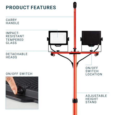 Heavy Duty Dual Head LED Work Light With Telescoping Tripod Up To 6 Ft Tall, 100W High Output, 10,000 Lumen Total, IP65 Waterproof