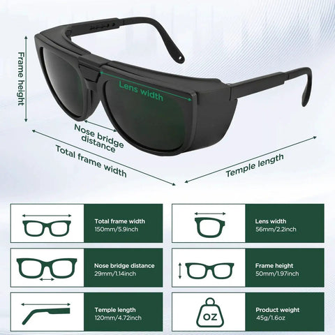 Infographic showing dimensions of Dual Lens Welding Safety Glasses With Clear And IR 8 Shade Antifog Adjustable.