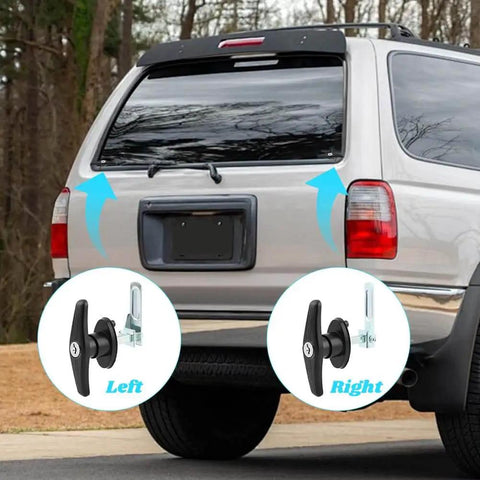 Dual locking T-handle kit for truck caps, left and right, on silver SUV rear door, shows secure camper shell access.