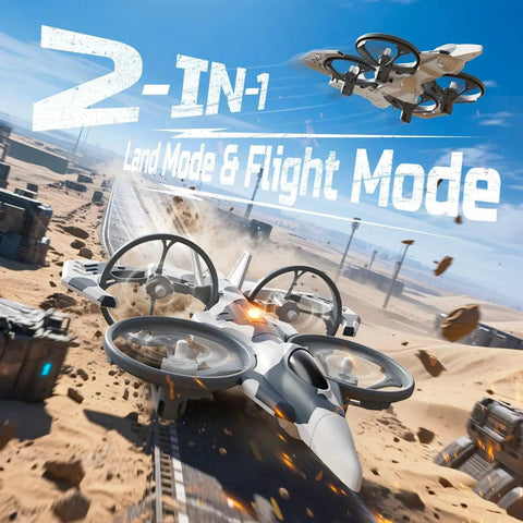 HT15 Dual-Mode RC Drone For Kids Air And Land Mini Toy Helicopter under 100g shown in flight and ground mode in desert terrain