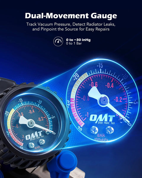 Orion Motor Tech coolant vacuum refill kit with dual-movement gauge and leak detector; blue gauge faces.