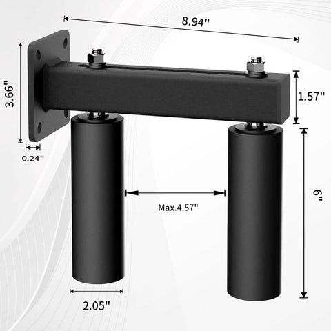 Product dimensions diagram for Adjustable Sliding Gate Guide Roller 6 Inch Dual Hard Nylon Rollers with Heavy Duty Steel Bracket.