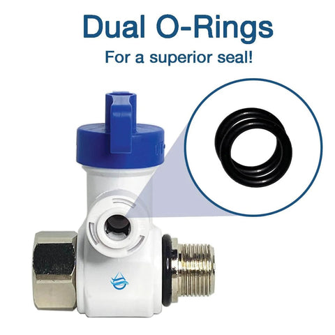 Dual O Ring Quick Connect Angle Stop Valve Adapter No Fuss 3/8 Inlet To 3/8 Or 1/4 Inch Tubing with dual O-rings visible