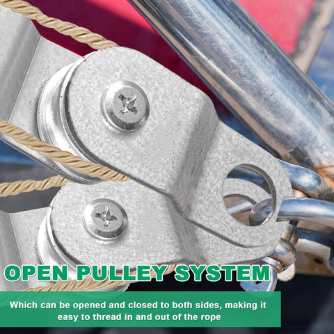 Close-up of galvanized aluminum pulley block for 6mm/0.23 and 8mm/0.31'' wire rope, part of 20 Pcs Small Single Pulley Block Wheel Bearing Inside Cable Rollers Single Snatch Cable Pulley Block Hanging Rope Accessories for 6mm/ 0.23 and 8mm/ 0.31'' Wire Rope, Load 70 Lb(2.6 x 1.1 Inch)