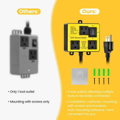Comparison of Ortis Automatic Vacuum Switch with dual tool outlets and auto on off delay, features two installation methods and enhanced connectivity.