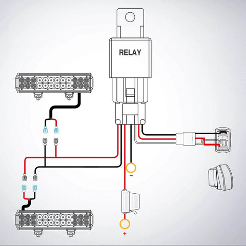 Diagram showing Dual Output LED Light Bar Wiring Harness Kit For 12V Systems On Off Power Relay 5 Pin Rocker Switch Blade Fuse Protection