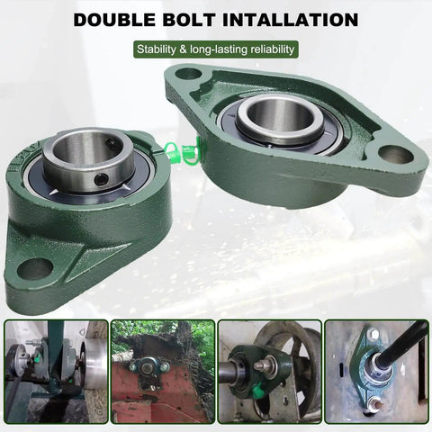 2 Pack 1-3/8 Bore Pillow Block Bearing With Flange Mount 2 Bolt Self Aligning Pillow Block Bearings On Solid Cast Iron Base Premium Bearing Steel Durable Heavy Duty Support For Industrial Machinery And Conveyors, displayed with installation examples.