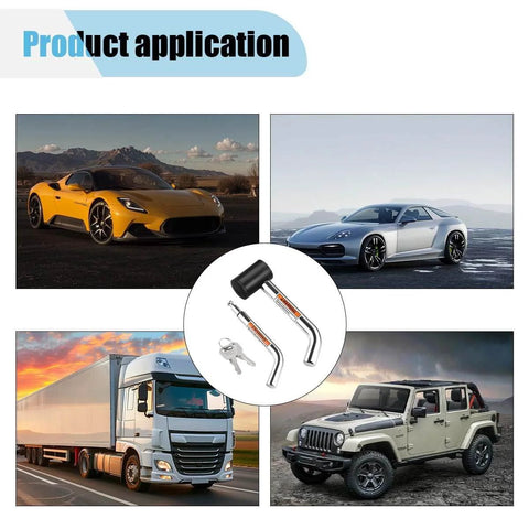 Dual Pin Trailer Hitch Lock With Anti Theft Design For One Quarter Inch Two Inch And Two And A Half Inch Receivers Featuring One Half Inch And Five Eighths Inch Diameter Pins With Three Inch And Three And A Half Inch Reach Fits Class I Through V Hitch shown with vehicles