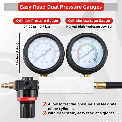 8MILELAKE cylinder leak-down tester tool kit with dual gauges and brass fittings