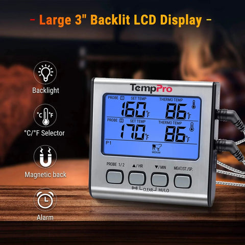 Dual Probe Digital Cooking Meat Thermometer Large LCD Backlight Food Grill Thermometer with Timer Mode for Smoker Kitchen Oven BBQ, Silver