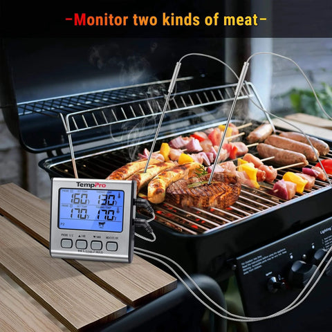 Dual Probe Digital Cooking Meat Thermometer Large LCD Backlight Food Grill Thermometer with Timer Mode for Smoker Kitchen Oven BBQ, Silver