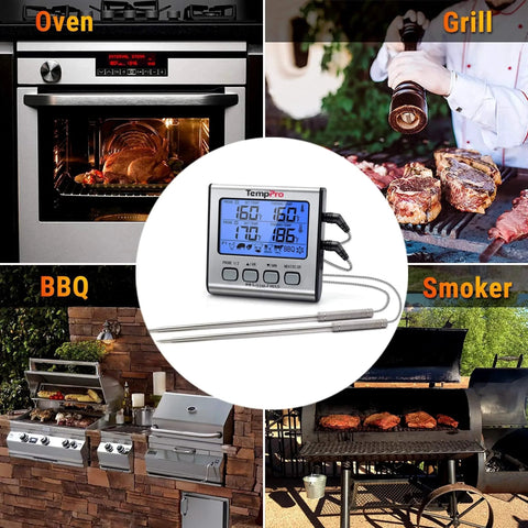 Dual Probe Digital Cooking Meat Thermometer Large LCD Backlight Food Grill Thermometer with Timer Mode for Smoker Kitchen Oven BBQ, Silver in use with oven, grill, BBQ, and smoker