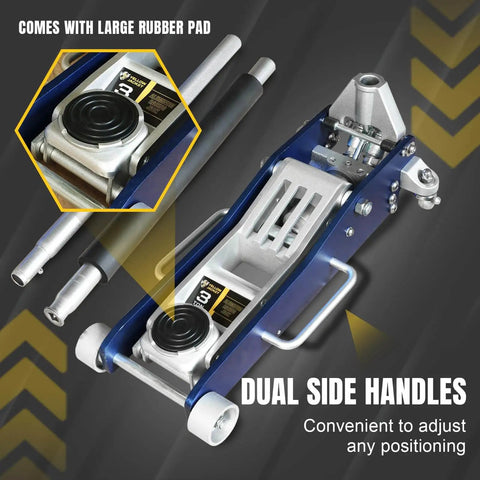 Beefy Ultra Lightweight 3 Ton Aluminum Floor Jack With Quick Rise Dual Pump For Cars And Trucks Low Profile Racing Jack Fast Lifting 6600 Lbs Capacity By Yellow Jacket showing dual side handles and rubber pad feature.
