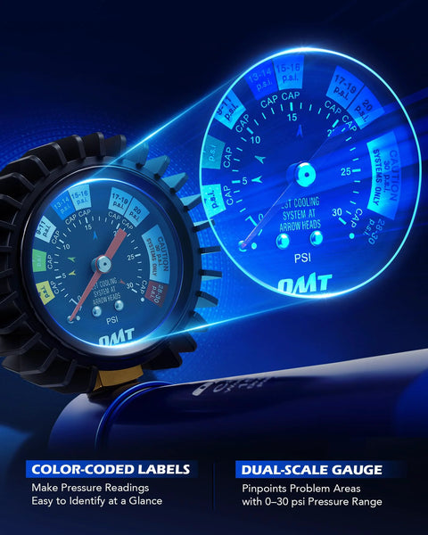 Orion Motor Tech coolant pressure tester kit gauge blue-illuminated dual-scale 0-30 psi gauge with OMT logo