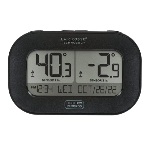 La Crosse Technology wireless fridge/freezer thermometer with magnetic back, black housing, dual sensors.