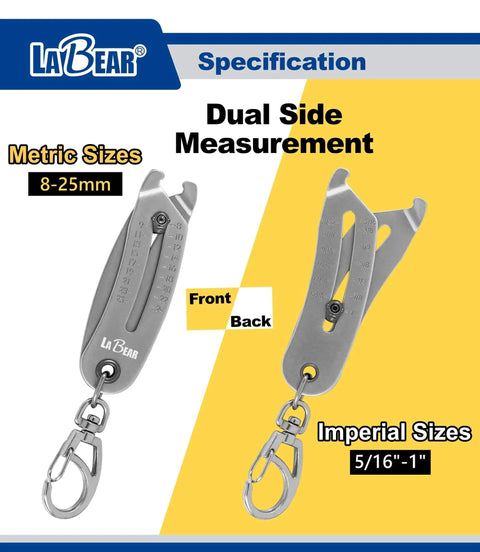 Front and back of Elite Nut And Bolt Size Identifier Keychain Pro Grade SAE And Metric Gauge 8 To 25 Mm And 5/16 To 1 Inch Steel.
