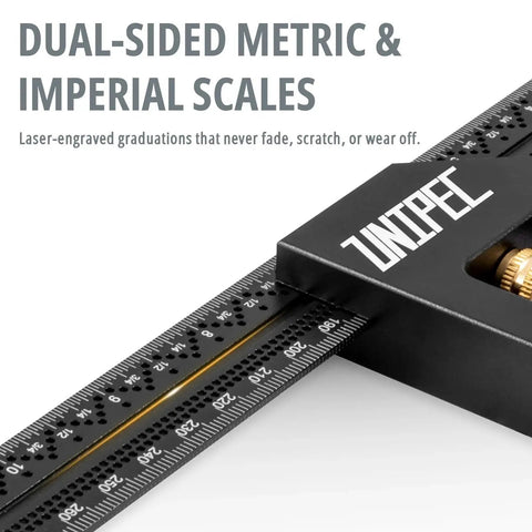 Close-up of 12 Inch Combination Angle Square With Dual Metric And Inch Ruler and horizontal bubble level showing laser-engraved scales.