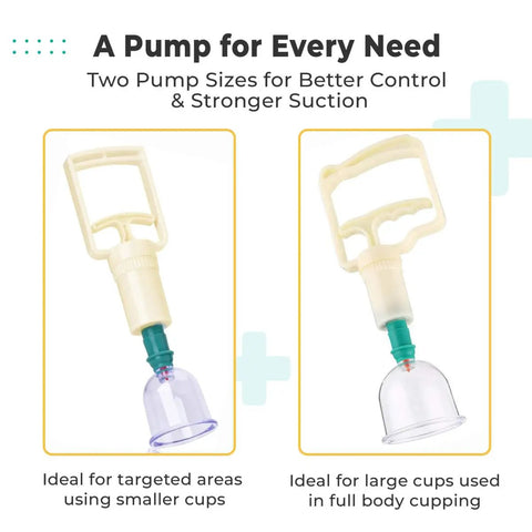 Two manual suction pumps for cupping therapy, small and medium sizes, ideal for B1-B7 and U4-U5 cups, easy grip, strong suction