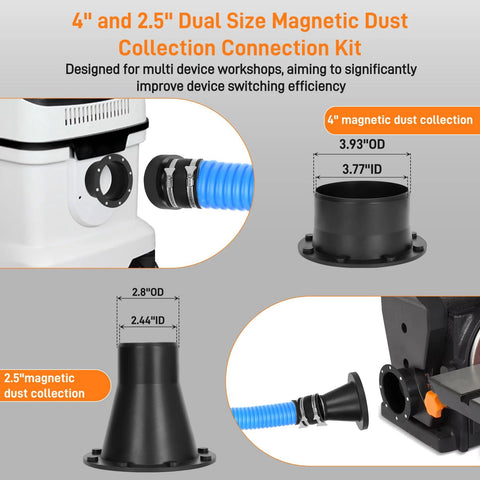 Magnetic dust collection fittings kit for 4" and 2.5" hoses with blue flexible hose and clamps