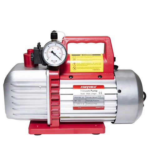 Front view of Beefy Pro-Grade Dual-Stage Rotary Vane Vacuum Pump with 5.0 CFM and 40 micron ultimate vacuum for HVAC by Kozyvacu