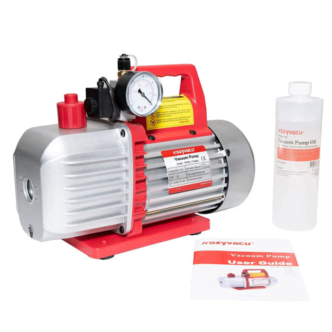 Beefy Pro-Grade Dual-Stage Rotary Vane Vacuum Pump With 5.0 CFM And 40 Micron Ultimate Vacuum for HVAC displayed with oil and manual