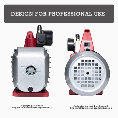 Front and side view of Beefy Pro-Grade Dual-Stage Rotary Vane Vacuum Pump With 5.0 CFM And 40 Micron for professional HVAC use