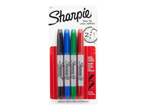 Dual-tip permanent markers in a four-pack deliver precise fine lines and broad strokes in red, blue, green, and black.