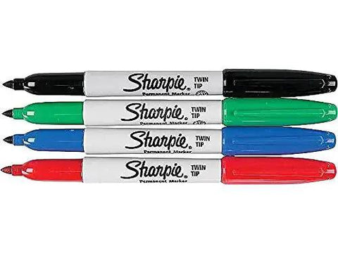 Dual-tip permanent markers in a four-pack deliver precise fine lines and broad strokes in red blue green and black, visible pens.