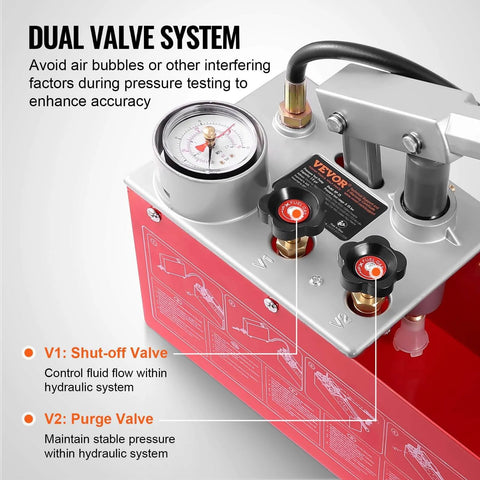 Top view of Hydrostatic Test Pump, Max 25 bar/362 PSI, highlighting dual valve system and pressure gauge on red tank.