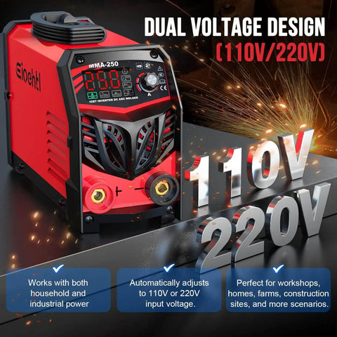 Beefy 250 Amp Stick Welder With Dual Voltage 110V And 220V Auto Switching, LED Display, red welder front view with voltage design