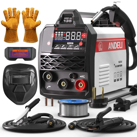 Dual Voltage 110V 220V MIG Welder With Large LED Display 3 In 1 Flux Core MIG Lift TIG MMA Welding Machine Synergy Pro Grade 2T 4T Full Kit includes welding helmet, gloves, cables, and spool.