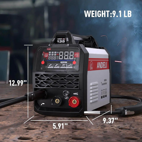 Front view of Dual Voltage 110V 220V MIG Welder With Large LED Display 3 In 1 Flux Core MIG Lift TIG MMA Welding Machine.