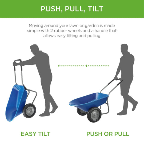 Dual Wheel Home Utility Yard Wheelbarrow Garden Cart with Built In Stand 5 Cubic Foot Capacity 330 lb Load Blue for Lawn Gardening Landscaping and Construction showing push, pull, tilt functionality.