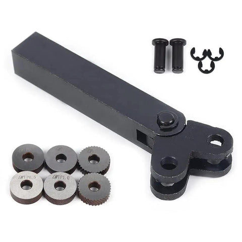 Dual Wheel Knurling Tool Set For Lathe Machines And Metalworking with steel holder and 0.5, 1, 2mm wheels shown
