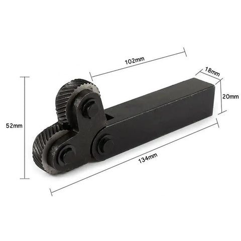 Dual Wheel Knurling Tool Set For Lathe Machines And Metalworking showing dimensions and two-wheel design in steel.