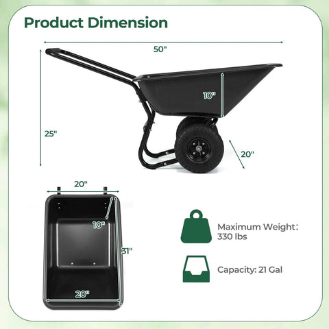 Dual Wheel Wheelbarrow 330 LB Utility Garden Cart with 10 Inch Pneumatic Tires shown with product dimensions and 21-gallon capacity