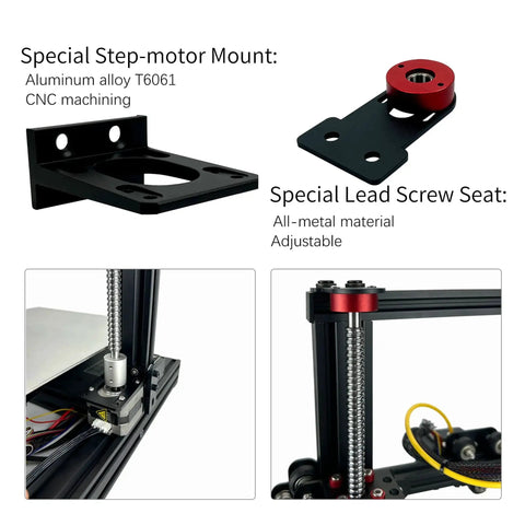 Dual Z Axis Ball Screw SFU1204 Upgrade Kit showing special step-motor mount and lead screw seat for Ender 3 3D printers