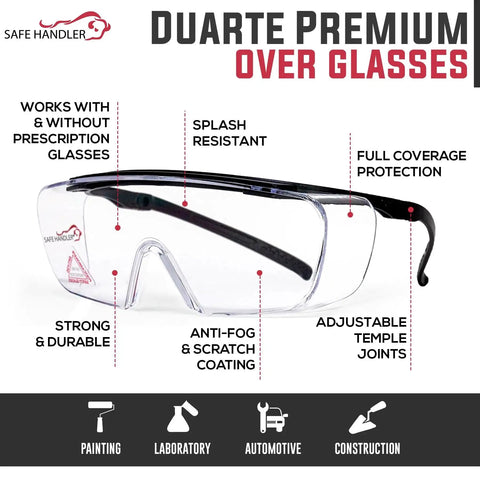 Duarte Premium Over Glasses Safety Eyewear With Anti Fog Lenses ANSI Z87.1, clear polycarbonate lens, full coverage, and adjustable arms
