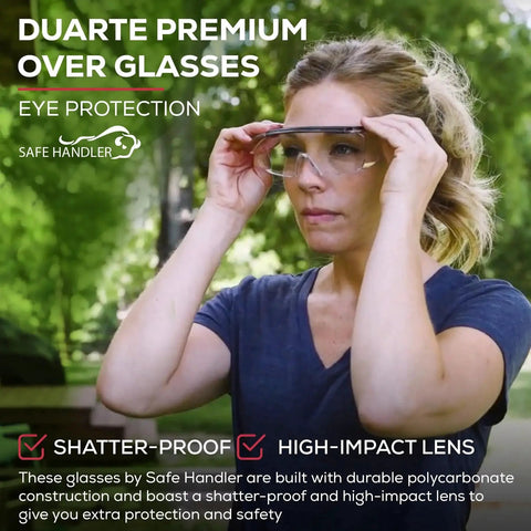 Woman wearing Duarte Premium Over Glasses Safety Eyewear With Anti Fog Lenses ANSI Z87.1 outdoors