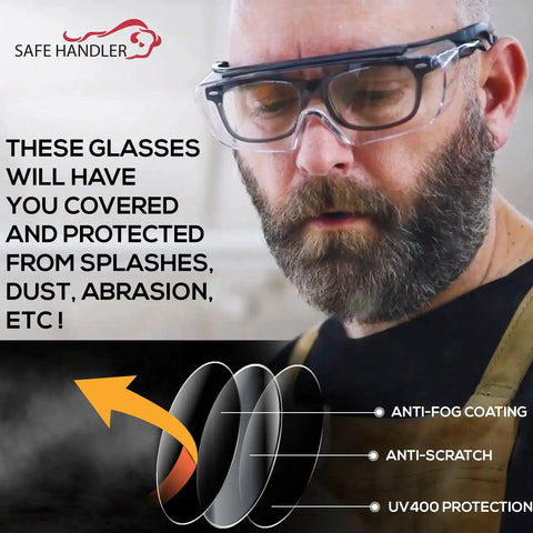 Man wearing Duarte Premium Over Glasses Safety Eyewear With Anti Fog Lenses ANSI Z87.1, highlighting anti-fog and UV400 features.