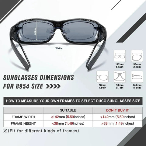 Polarized Fitover Sunglasses for Men and Women UV400 Protection Gray Lens dimensions guide for frame sizing.