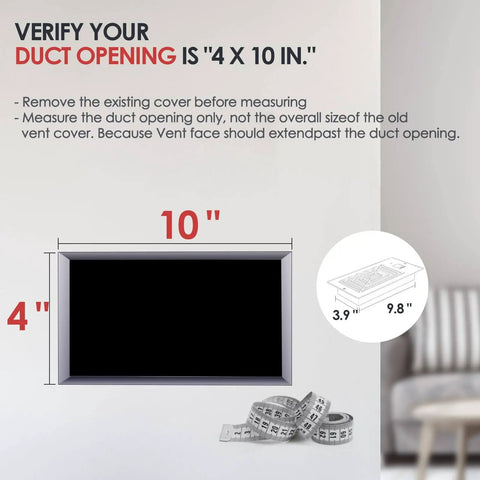 Diagram showing dimensions for Quiet 4 By 10 Inch Register Booster Vent Fan With 10 Speed Smart Remote And Thermostat Control