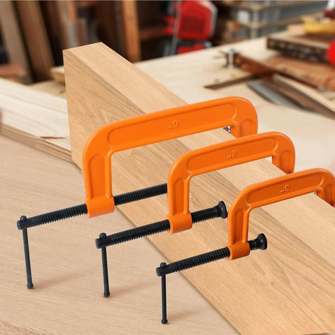 Forward C Clamp Set 3 Piece Heavy Duty Ductile Iron Clamps 3 Inch 4 Inch 6 Inch Kit on wooden surface in workshop