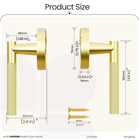 Two Pack Knurled Brushed Gold Dummy Door Handles For Interior Doors with size measurements and installation screws shown