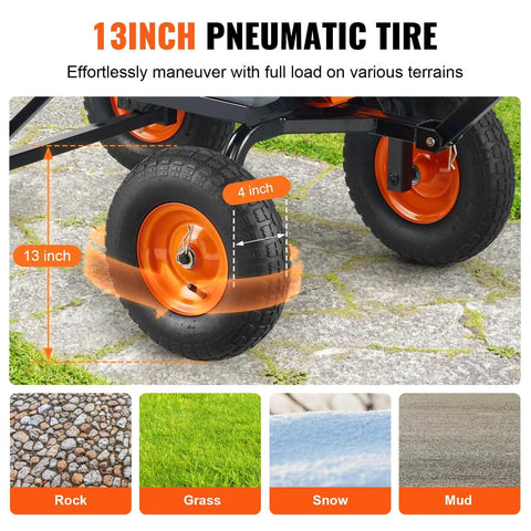 13 inch wheels on 1200 lb 7 Cu Ft Garden Dump Cart with 2 in 1 Convertible Handle, shown on varied terrains like grass and rock.