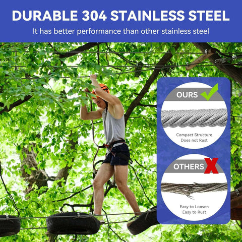 Person climbing using 1/4" Stainless Steel Cable,7x19 Strand Aircraft Wire Rope,Cable for Heavy Duty Applications,Outdoor Pulley Cables