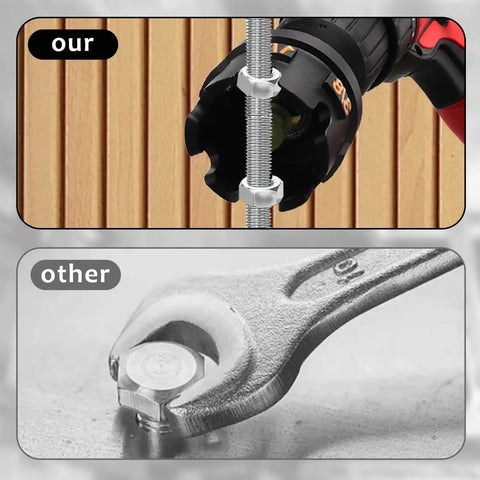 Durable aluminum nut spinning drill attachment quickly tightens and loosens 1/4, 3/8, and 1/2 inch threaded rods with hex shank compatibility