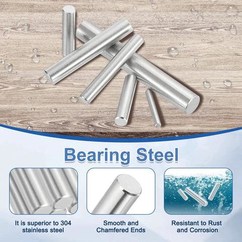 Durable Bearing Steel Dowel Pins 5 Pack 5/16 By 2-1/4 Inch Cylindrical Shelf Support Pins in corrosion-resistant steel on wood surface